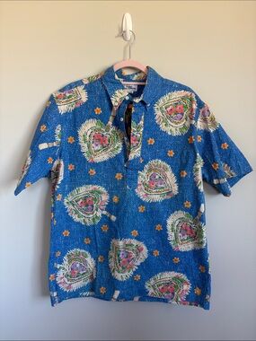 REYN SPOONER VTG Blue Floral Medallion Short-Sleeve Shirt Hawaiian cotton L